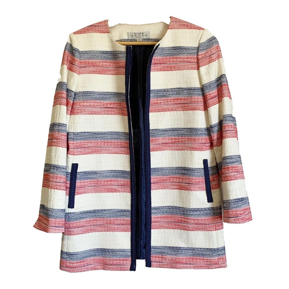 Tahari Tweed Red Blue Stripe Long Blazer Sz 6P Old Money Sophisticated Patriotic